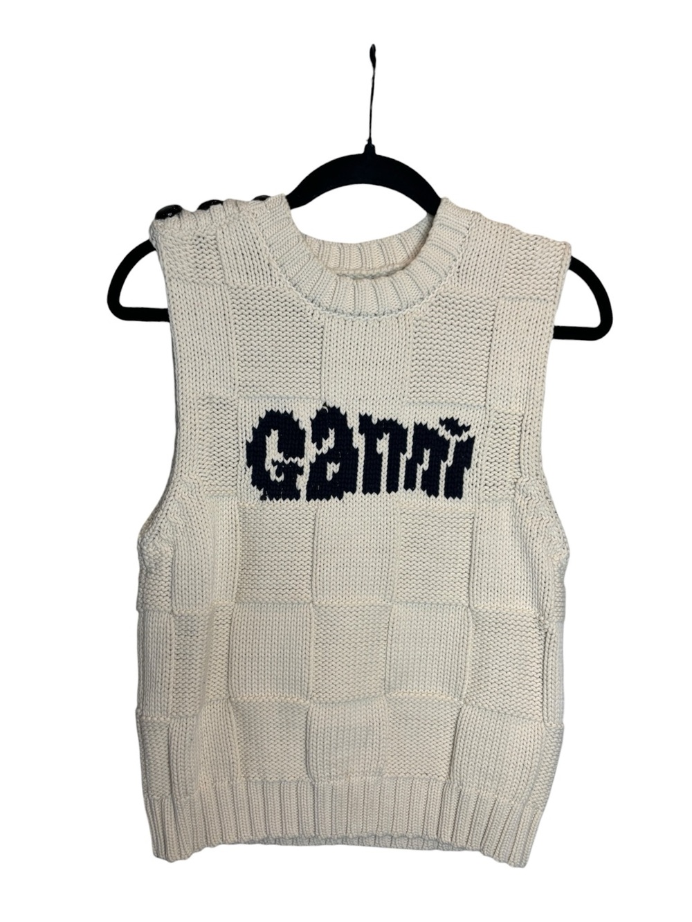 Ganni Checkboard Knit Logo Vest Size S Cream